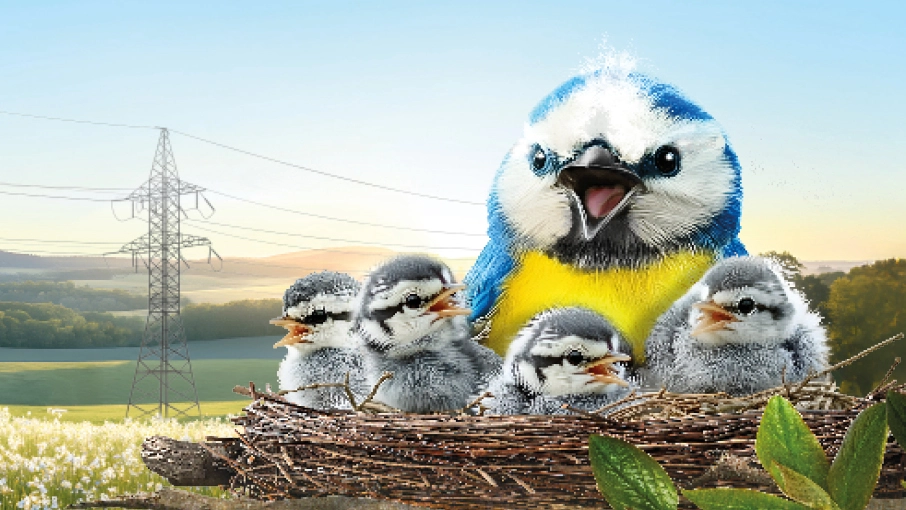 Vogelnest mit Vogelmutter und vier Vogelkindern sowie Strommast im Hintergrund Vogelnest mit Vogelmutter und vier Vogelkindern sowie Strommast im Hintergrund