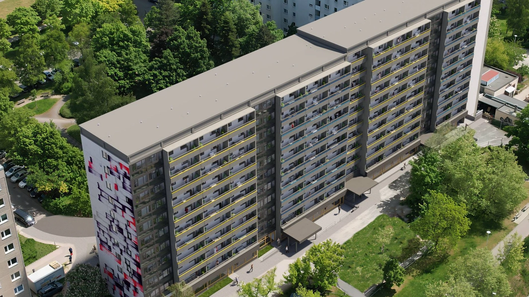Außenansicht des Salvor-Allende-Platz mit Visualisierung der Außenfassade