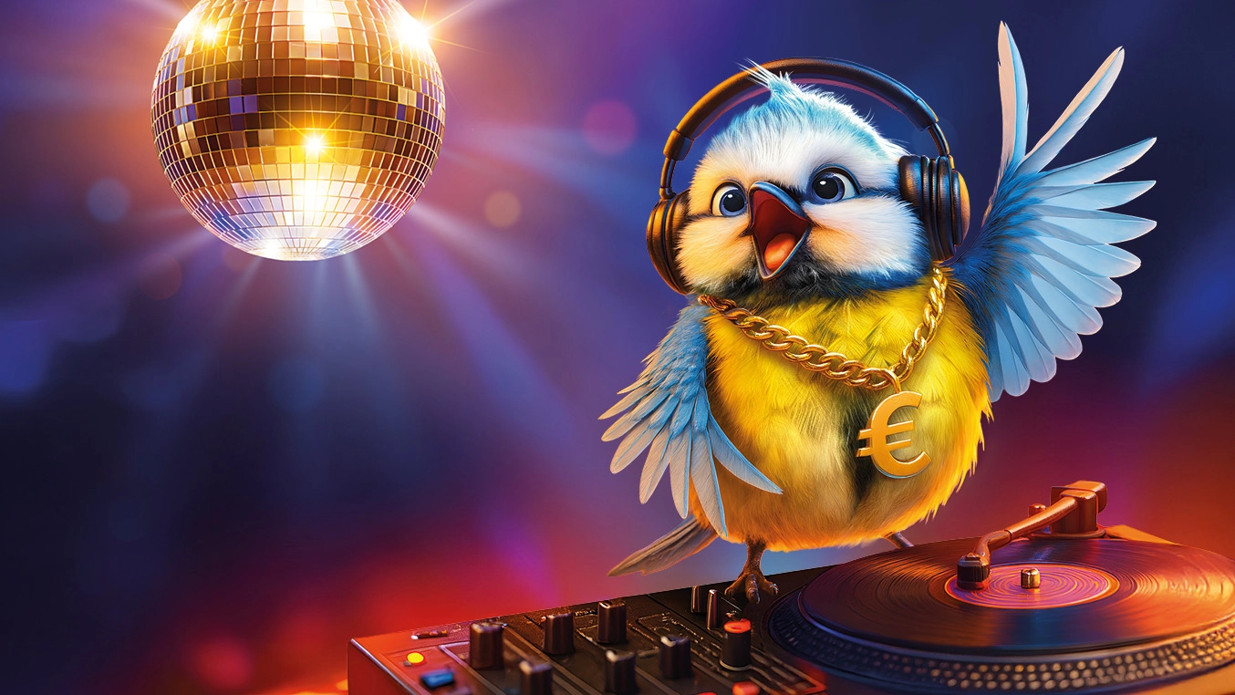 Meise mit Kopfhörern auf DJ-Pult, Diskokugel im Hintergrund