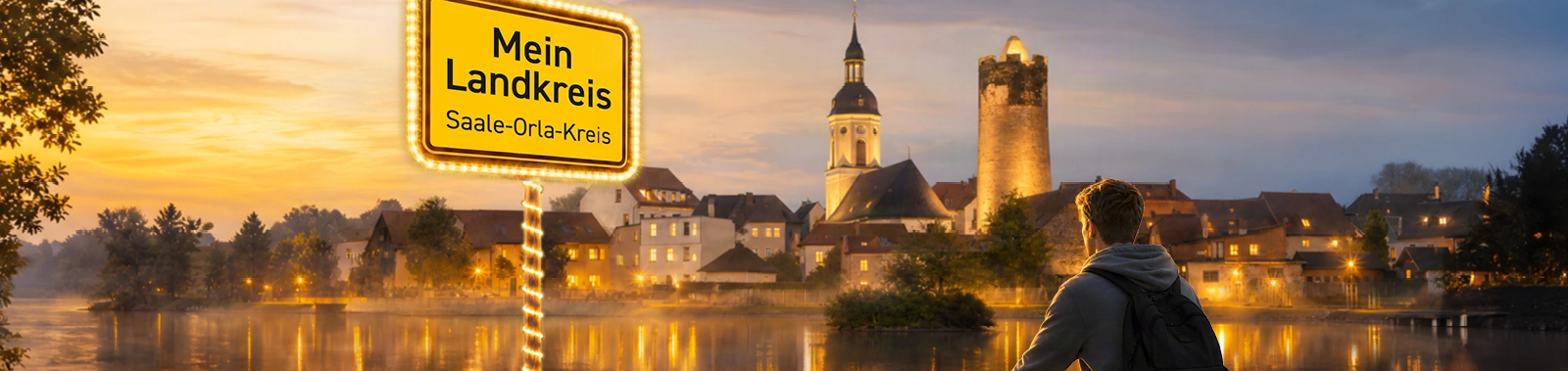 Saale-Orla-Strom Stadtblick Triptis mit Bergfried mit Beleuchtung und Ortsschild Mein Landkreis