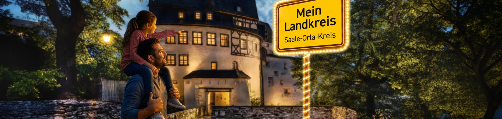 Saale-Orla-Strom Schloss Burgk mit Beleuchtung und Ortsschild Mein Landkreis