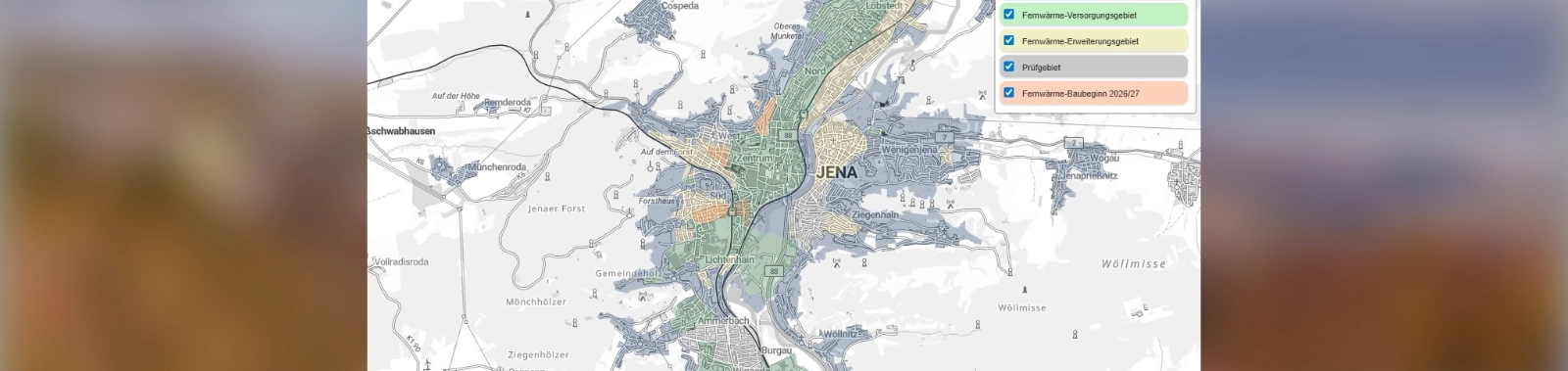 Auf einer digitalen Karte unter www.stadtwerke-jena.de/kwp-jena ist ersichtlich, in welchen Stadtgebieten der Fernwärmeausbau in Jena starten soll. Dort können sich Hauseigentümer informieren und ihr Interesse an einem Fernwärmeanschluss bekunden. 