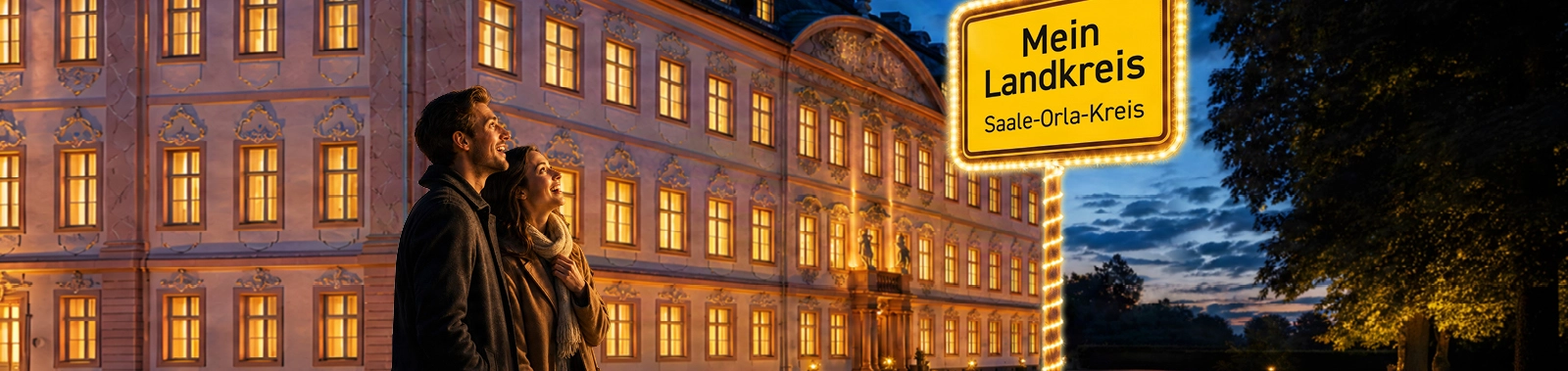 Saale-Orla-Strom Schloss Oppurg mit Beleuchtung und Ortsschild Mein Landkreis Foto Lutz Prager