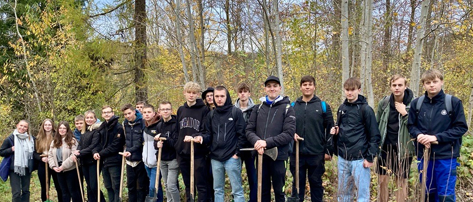 Auszubildende der Stadtwerke Jena pflanzen Laubbäume im Jenaer Singerwald