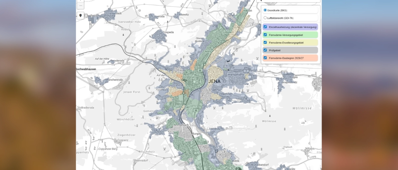 Auf einer digitalen Karte unter www.stadtwerke-jena.de/kwp-jena ist ersichtlich, in welchen Stadtgebieten der Fernwärmeausbau in Jena starten soll. Dort können sich Hauseigentümer informieren und ihr Interesse an einem Fernwärmeanschluss bekunden. 