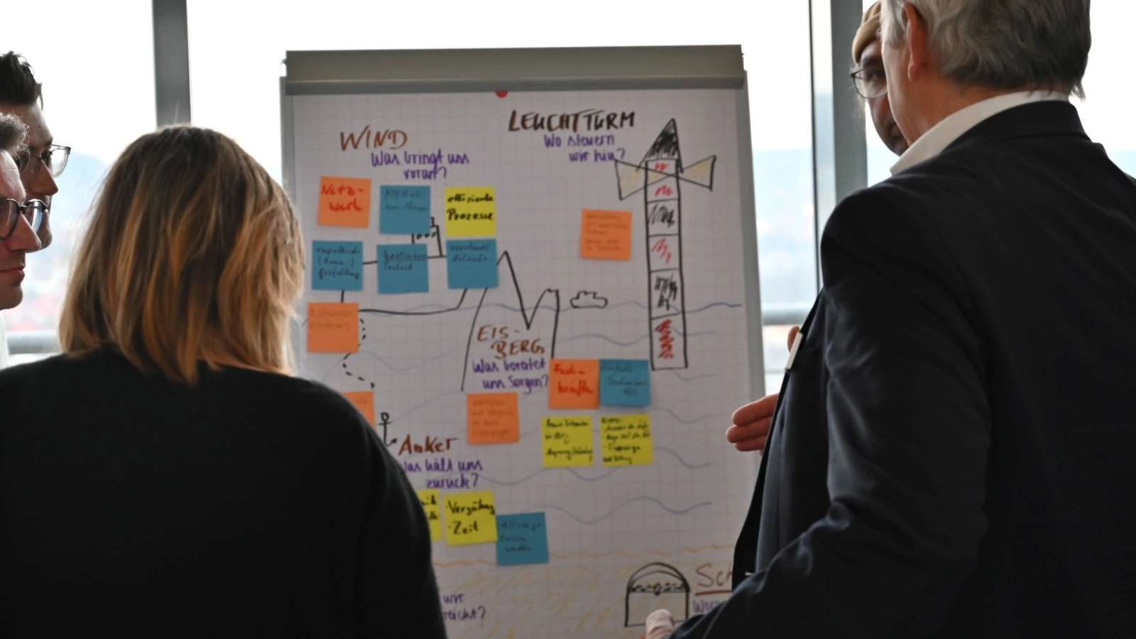 Personen besprechen sich während des Innovationsworkshops