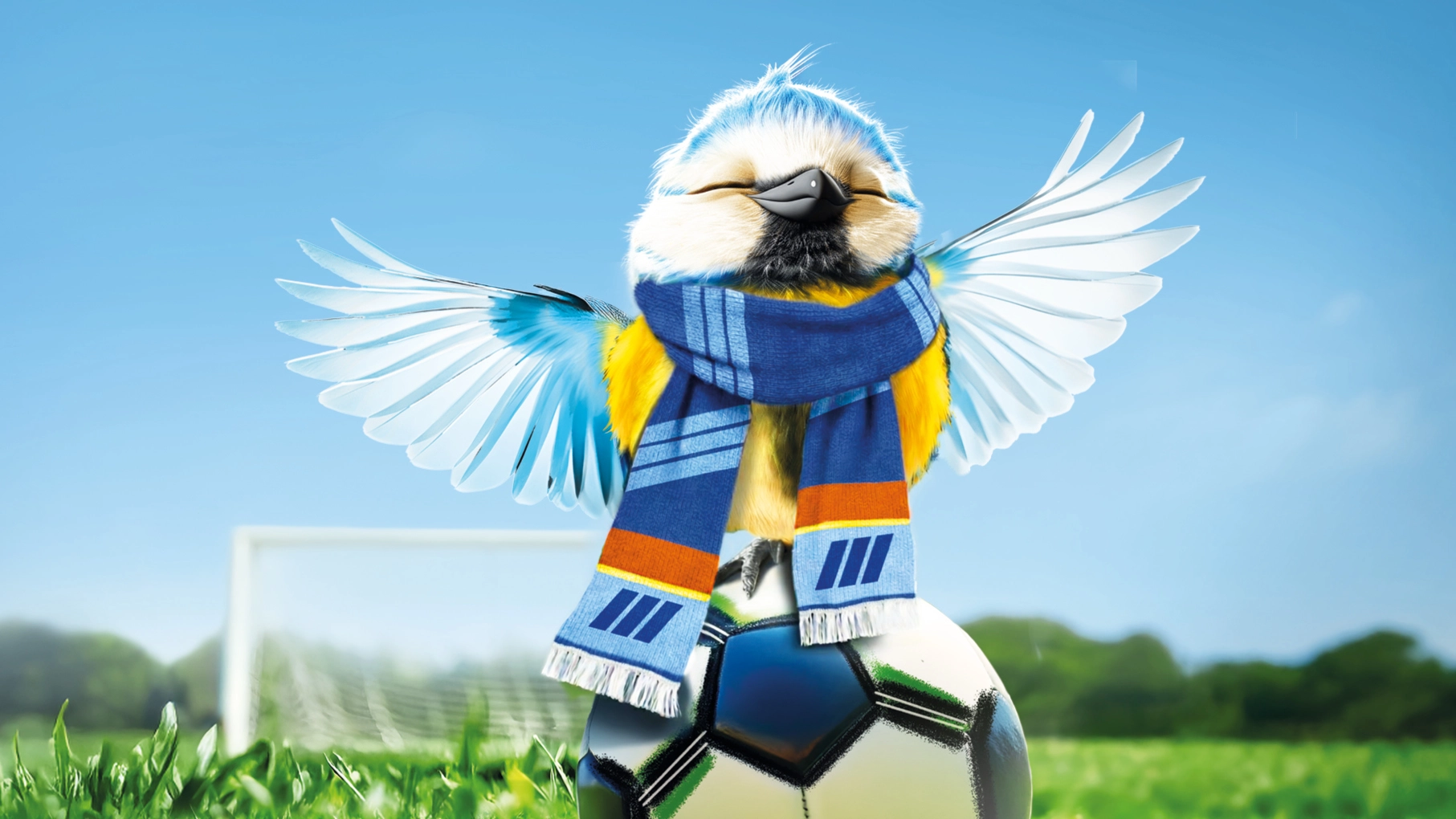Ein Vogel sitzt mit einem Fanschal auf einem Fußball auf einem Fußballfeld.