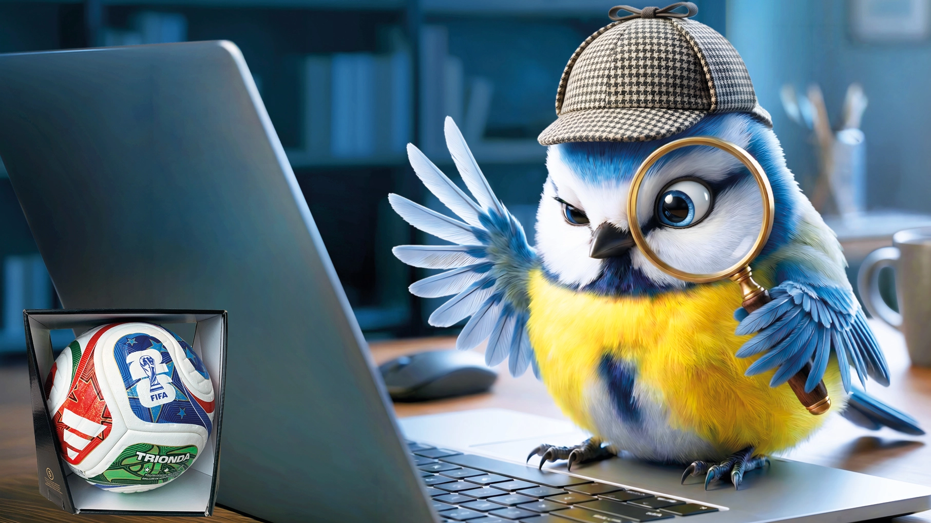 Ein bunter Vogel sitzt mit einer Lupe auf einem Laptop, davon ein Orginal-WM-Fußball.