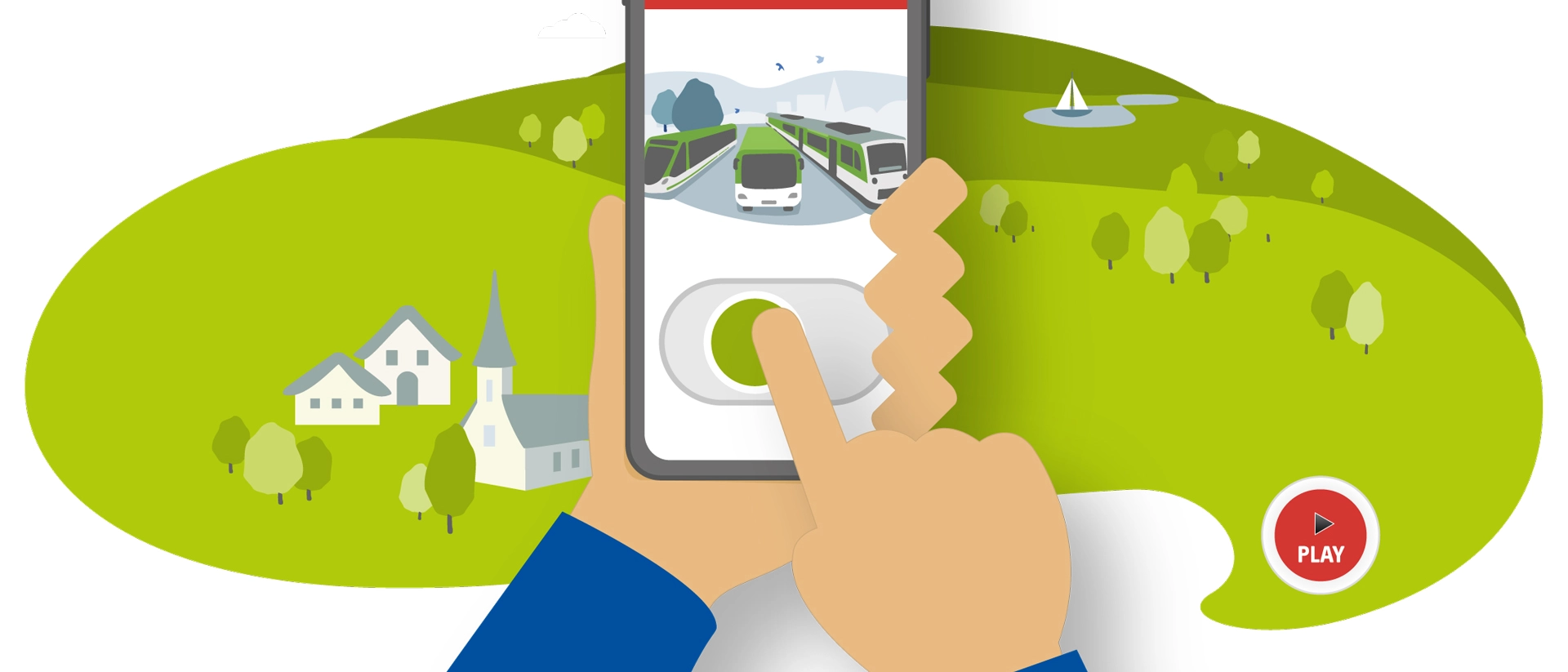 Eine Grafik von einer Hand, die auf einem Handy die Fairtiq-App bedient.
