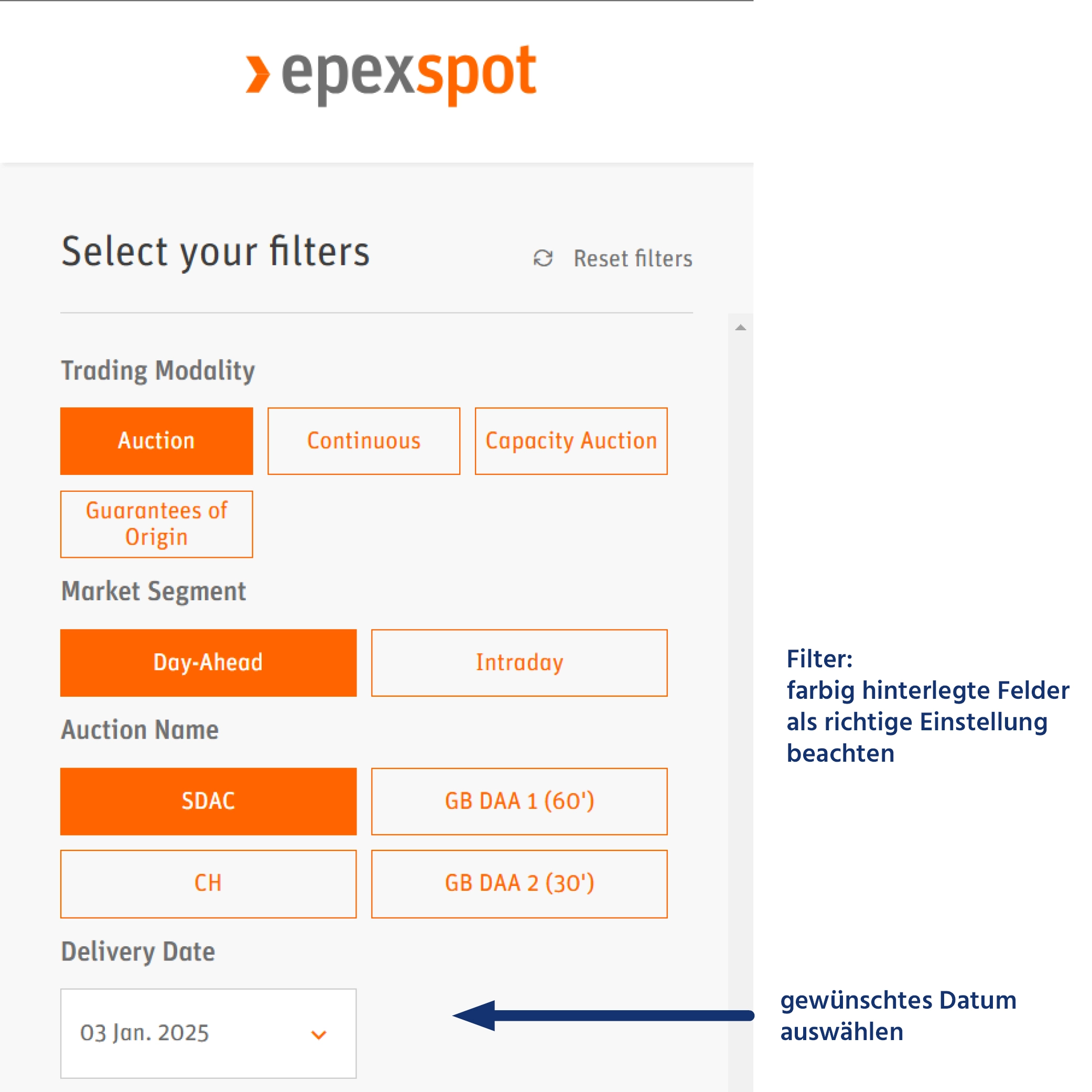 Epexspot-Filtermenü mit Erläuterungen Epexspot-Filtermenü mit Erläuterungen