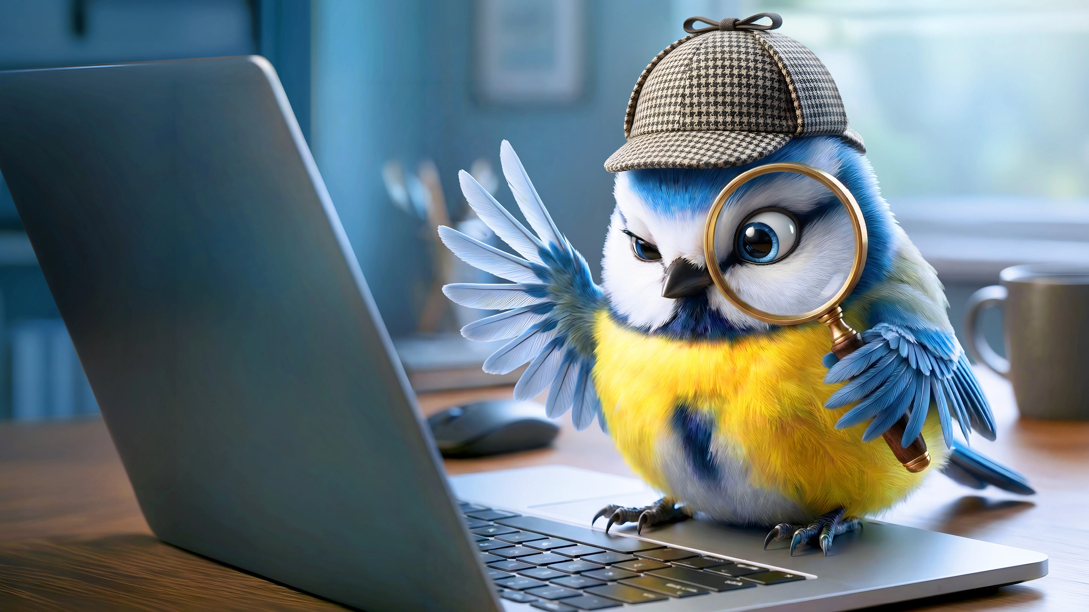 Meise mit Detektivhut und Lupe sitzt an einem Laptop und sucht Informationen auf dem Bildschirm