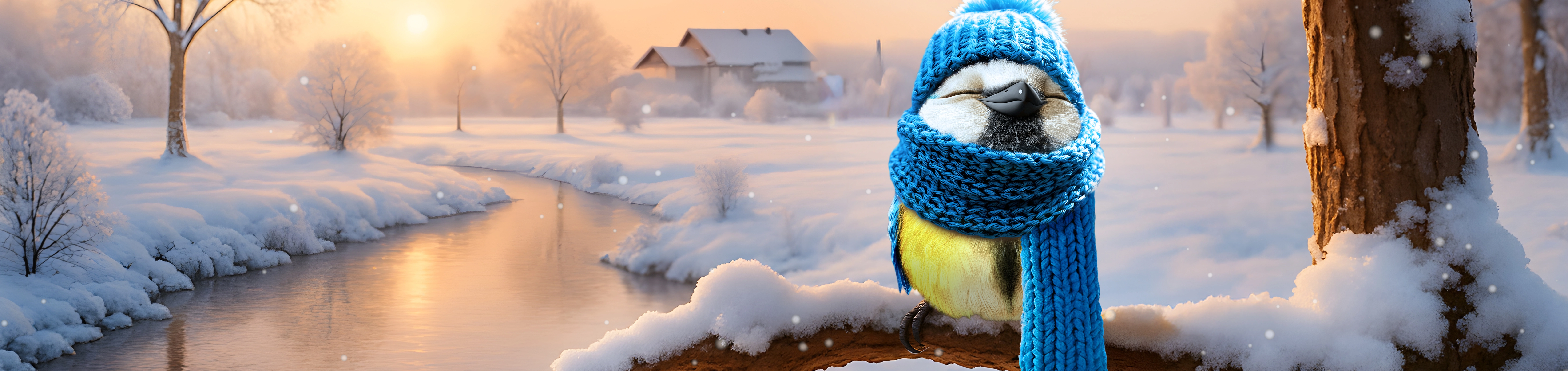 Meise auf Ast mit Winterlandschaft und Fluß