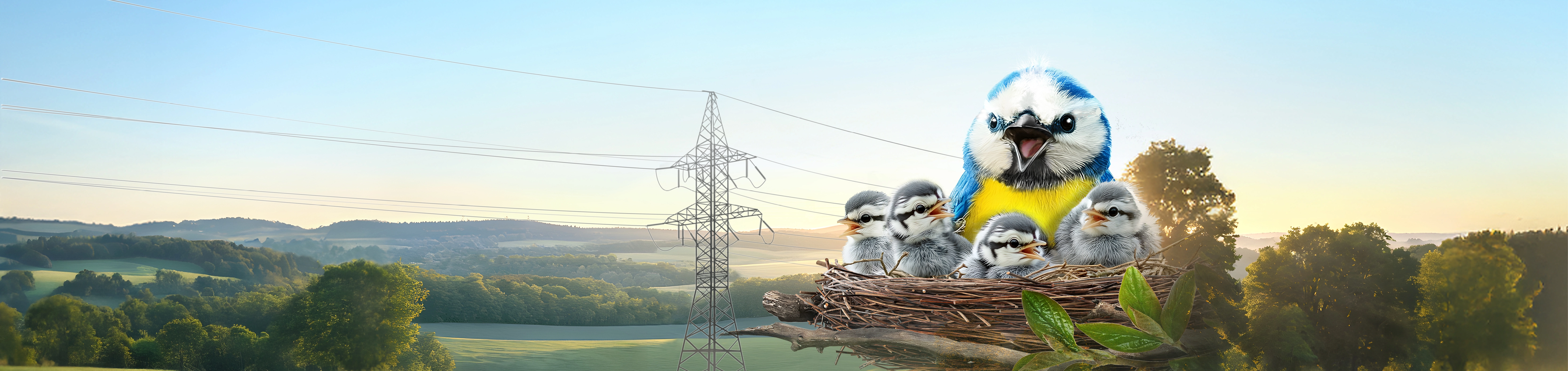 Vogelnest mit Vogelmutter und 4 Vogelkindern. Im Hintergrund ein Strommast mit Stromleitungen, in grüner Landschaft.