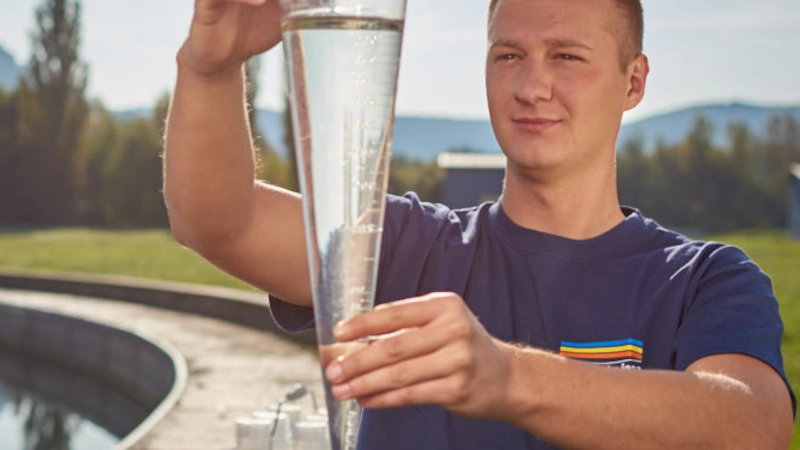 Ein junger Mann hält eine Wasserprobe in seinen Händen. 