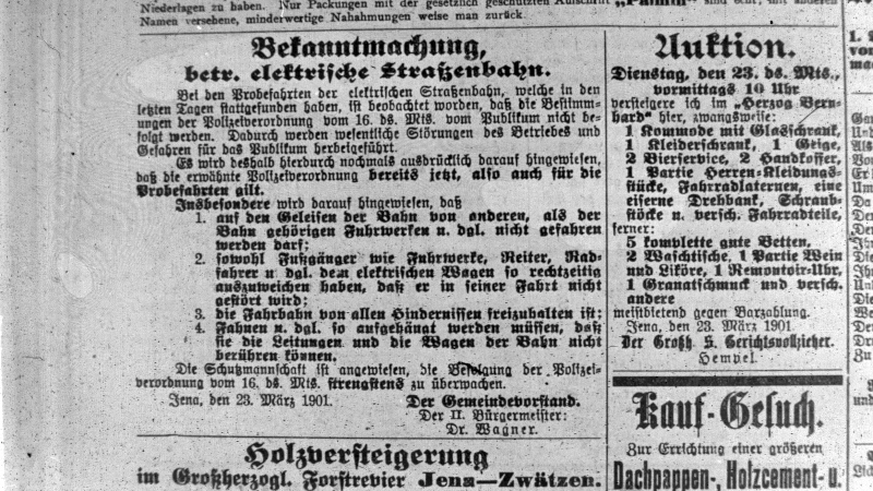 Bekanntmachung der Probefahrten in der Zeitung am 23.03.1901.