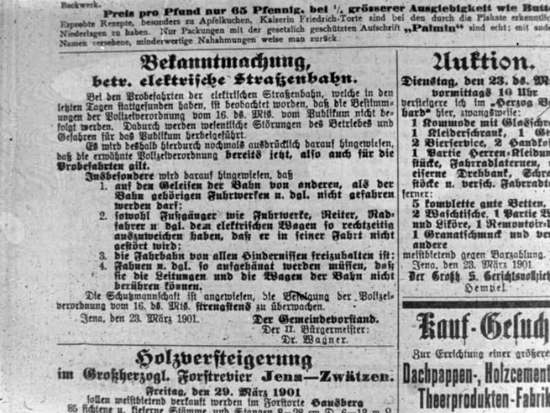 Bekanntmachung der Probefahrten in der Zeitung am 23.03.1901.