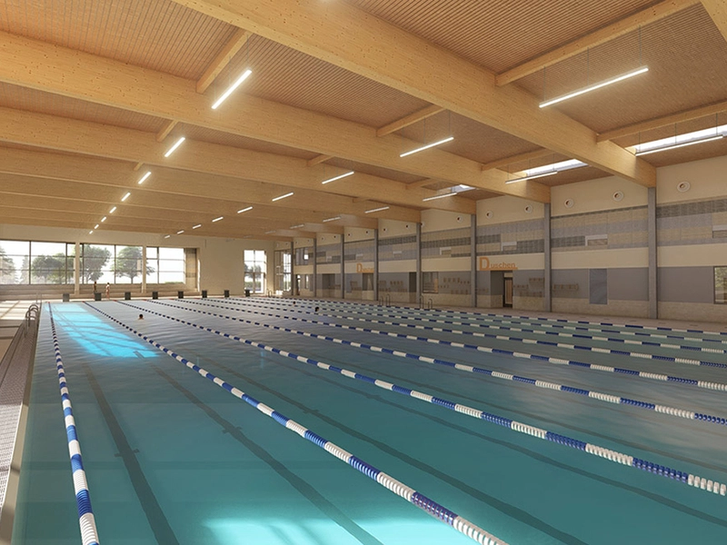 Der Dachbinder der neuen Sportschwimmhalle ist fertig montiert Der Dachbinder der neuen Sportschwimmhalle ist fertig montiert
