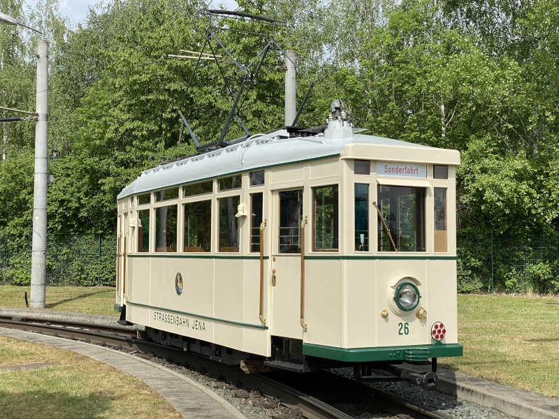 Triebwagen 26 am 16.05.2022 auf dem Betriebshof Burgau.
