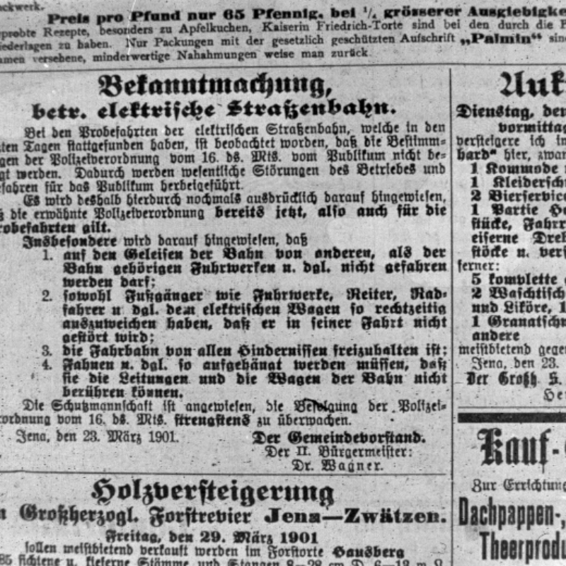 Bekanntmachung der Probefahrten in der Zeitung am 23.03.1901.