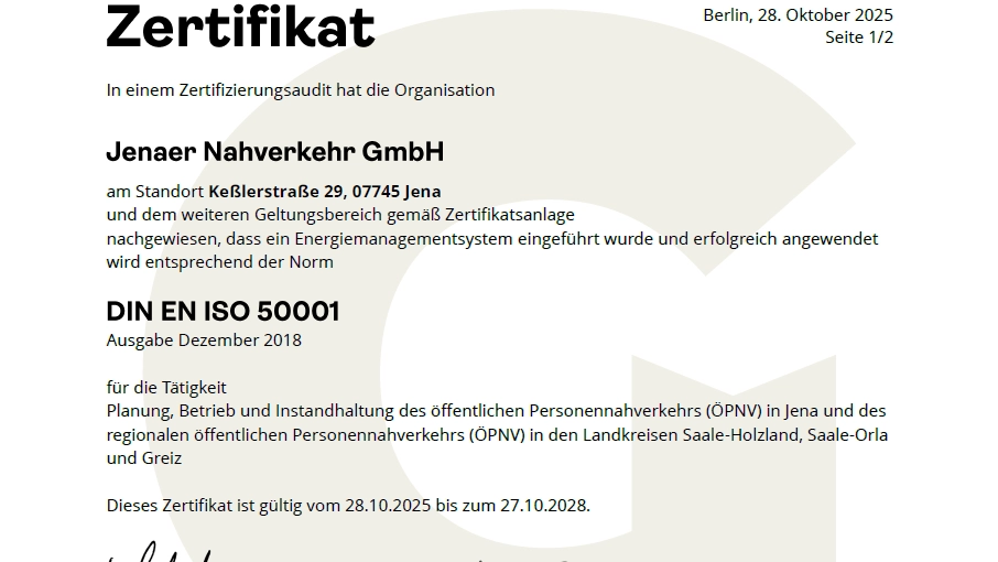 Der Jenaer Nahverkehr und die JES Verkehrsgesellschaft wurden erstmals erfolgreich nach dem internationalen Standard ISO 50001 für Energiemanagementsysteme zertifiziert.