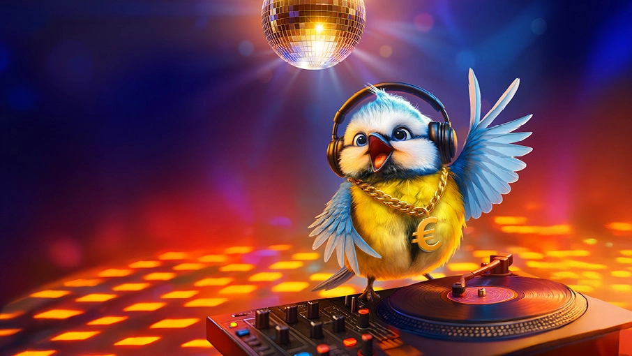 Meise mit Kopfhörern auf DJ-Pult mit Diskokugel